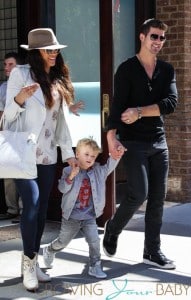 Singer Robin Thicke seen with his wife actress Paula Patton and their son Julian Fuego Thicke leaving Greenwich Hotel in New York City