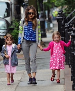 Sarah Jessica Parker takes her twins, Marion and Tabitha for a walk in Greenwich Village NYC