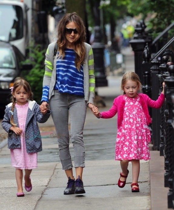 Sarah Jessica Parker takes her twins, Marion and Tabitha for a walk in Greenwich Village NYC