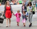 Sarah Jessica Parker takes her twins, Marion and Tabitha for a walk in Greenwich Village NYC