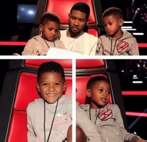Singer Usher with his boys Usher Raymond V and Naviyd on set of the Voice