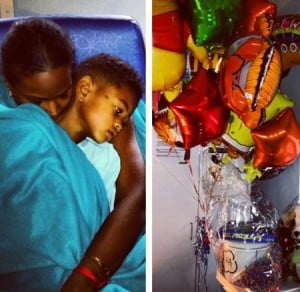 Tameka Foster with son Usher Raymond V at the hospital