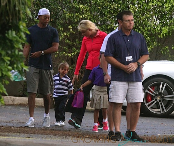 Tiger Woods,Lindsey Vonn,Sam Woods and Charlie Woods at school