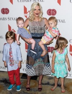 Tori Spelling (C) and children (L-R) Liam Aaron McDermott, Finn Davey McDermott, Hattie Margaret McDermott and Stella Doreen McDermott attend 'The Helping Hand of Los Angeles'' annual Mother's Day luncheon at the Beverly Hills Hotel in Los Angeles