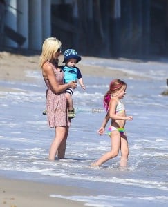 Tori Spelling with son Finn and daughter Stella at the beach in Malibu