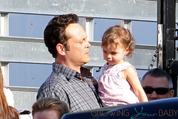 **EXCLUSIVE** FIRST ON SET PHOTOS: Vince Vaughn gets a special visit on set from his wife Kyla Weber and their daughter Locklyn on the set of 'The Internship' filming on location at a mattress store
